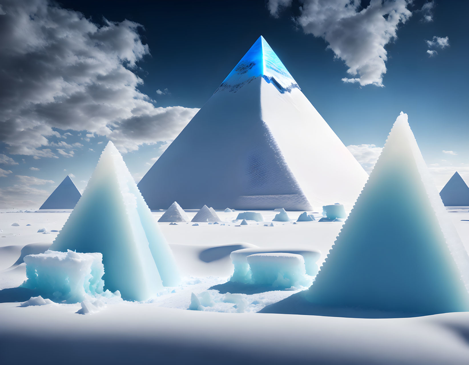 Surreal ice pyramid structures in snowy landscape under blue sky