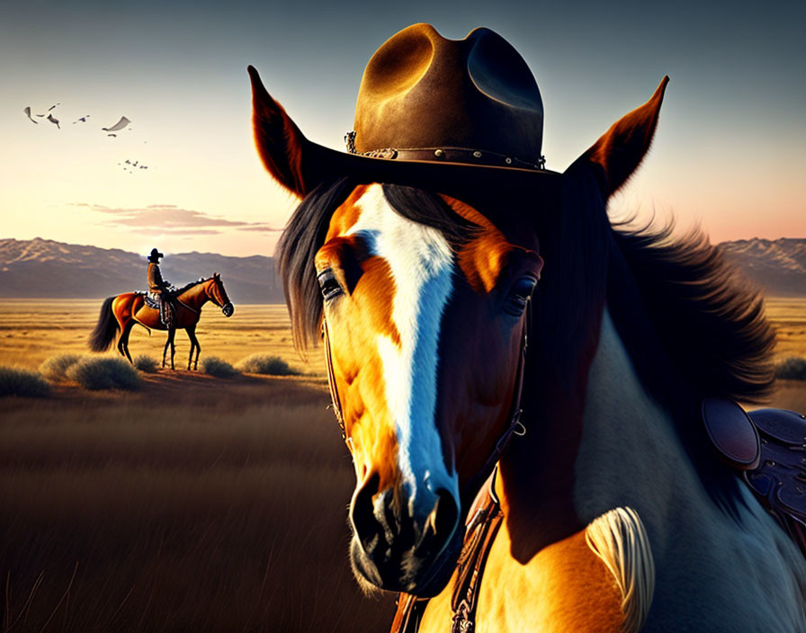 Horse with rider against golden prairie sunset