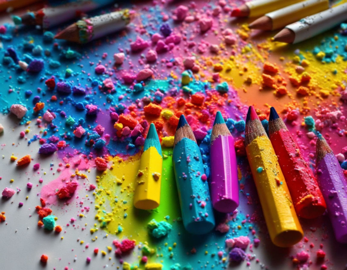 Vibrant Crayons and Chalk Dust on Bright Surface