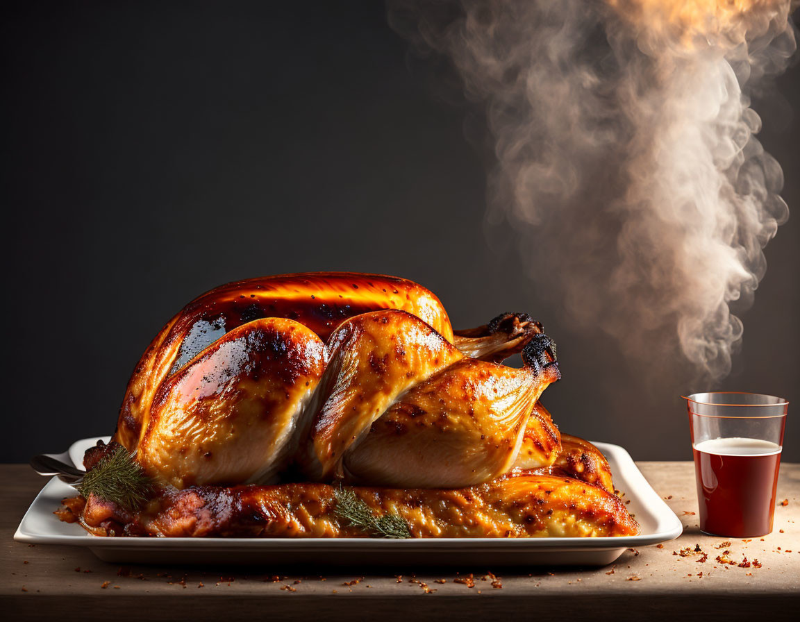 Juicy Roasted Turkey with Herbs and Red Drink on Platter