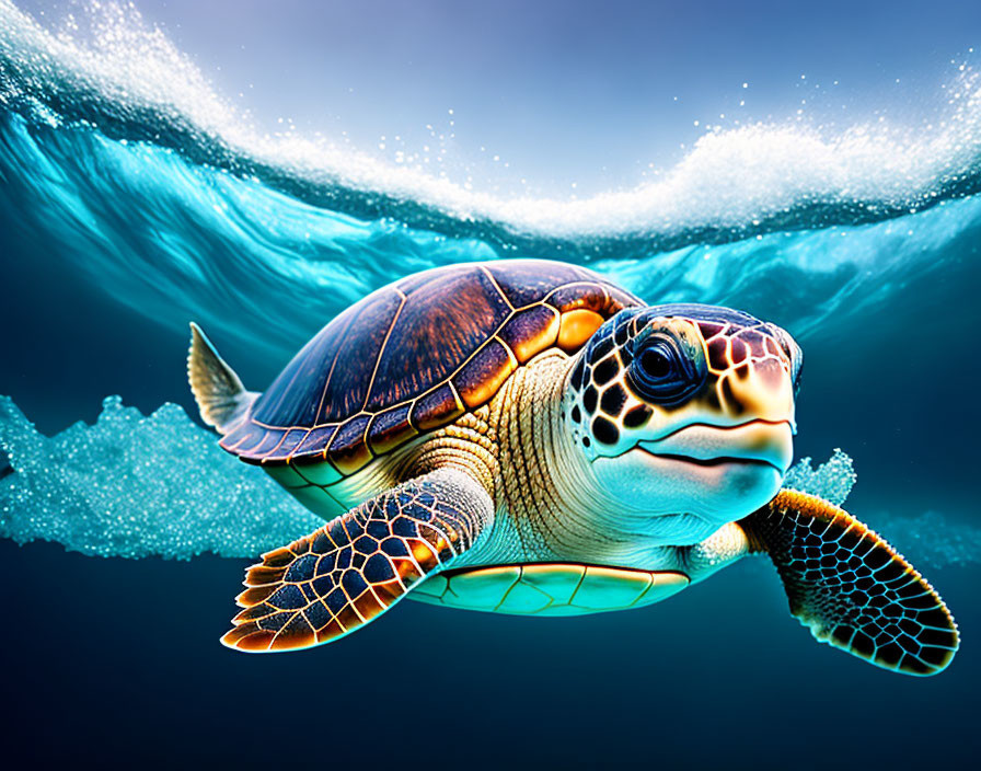 Colorful sea turtle swimming with large wave above.