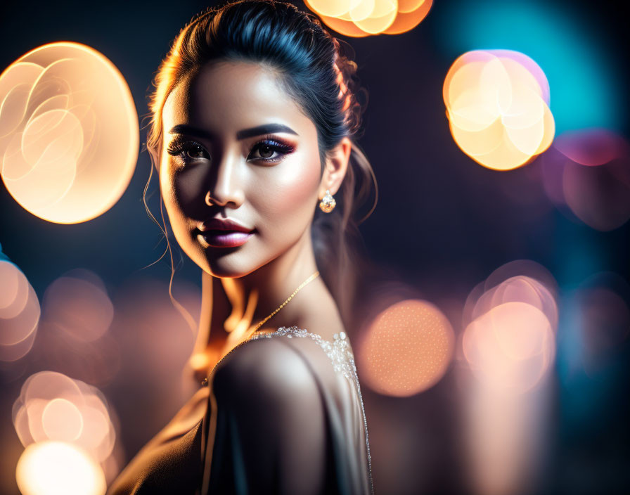 Glamorous woman with elegant makeup and hairstyle in front of bright bokeh lights