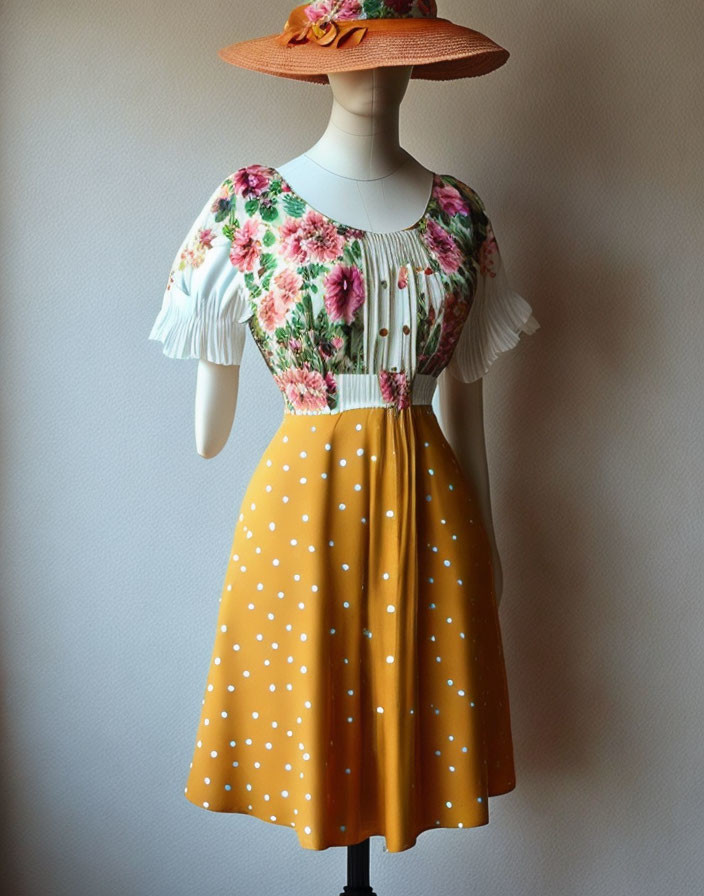 Vintage Style Mannequin Display with Floral Blouse and Polka-Dot Skirt