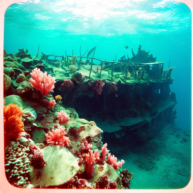 Sunken shipwreck with coral formations and marine life on ocean floor