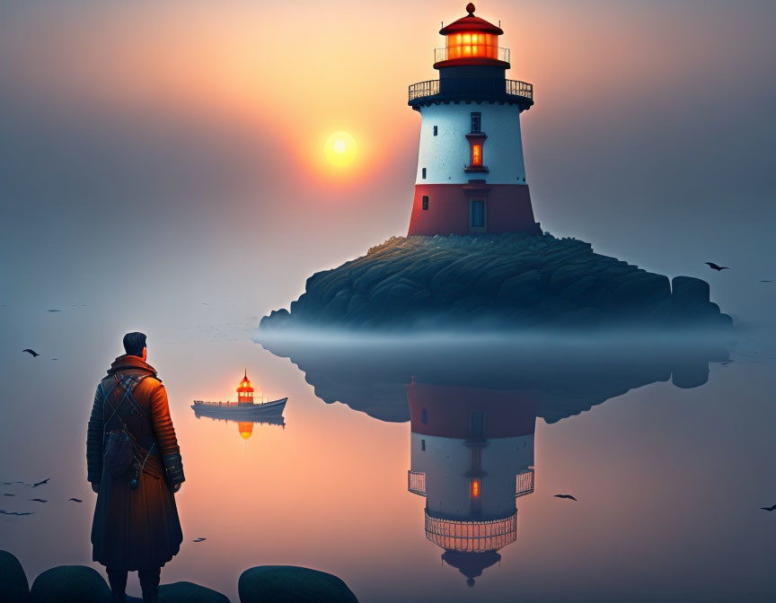 Person admiring red-and-white lighthouse by calm water at sunset