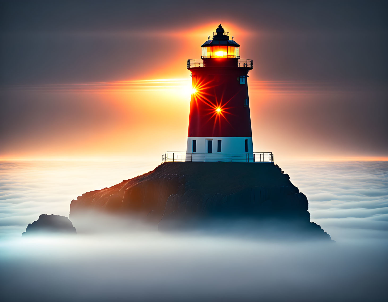 Lighthouse on rocky outcrop with glowing beacon at sunset