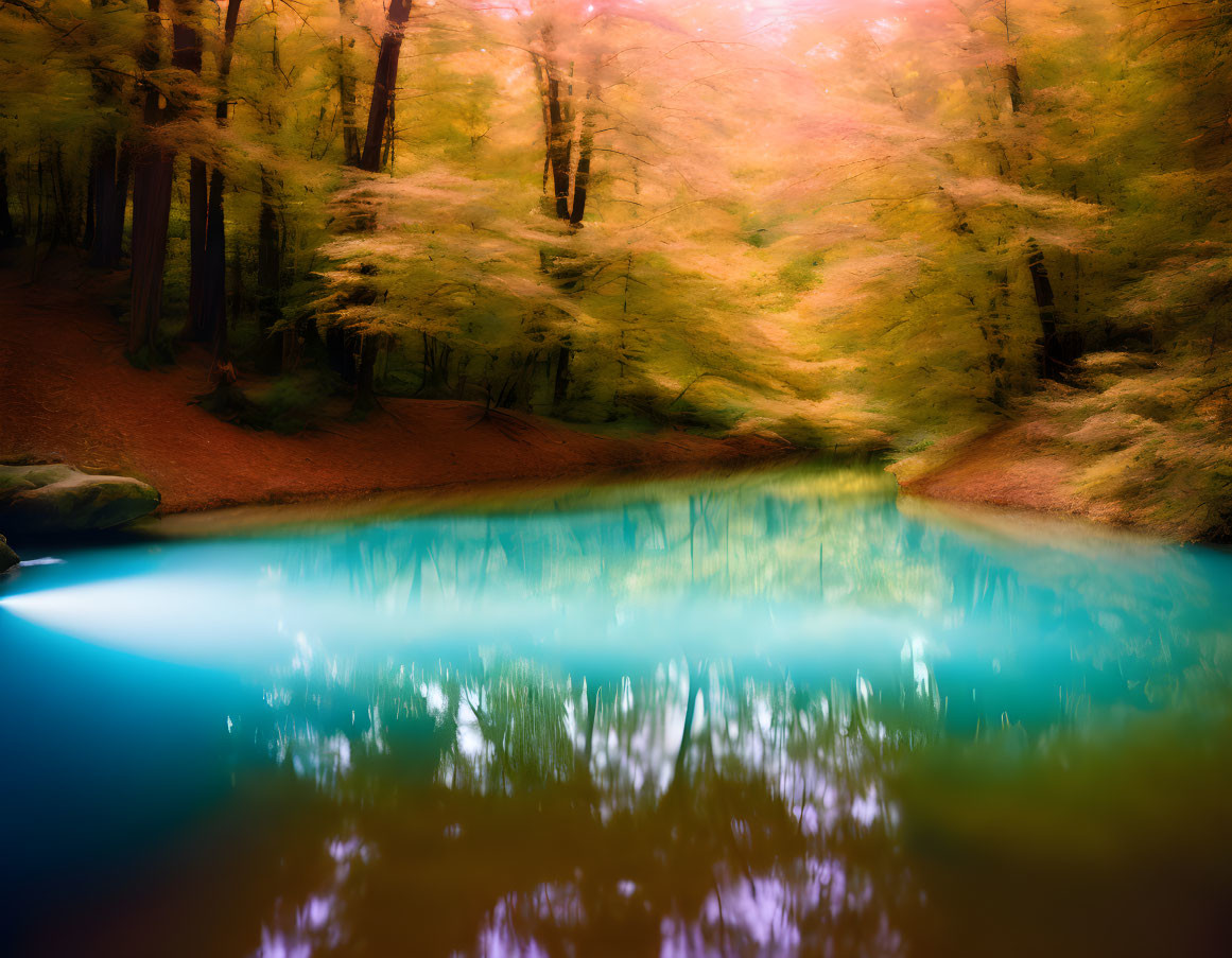 Tranquil forest scene with blue pond and golden trees