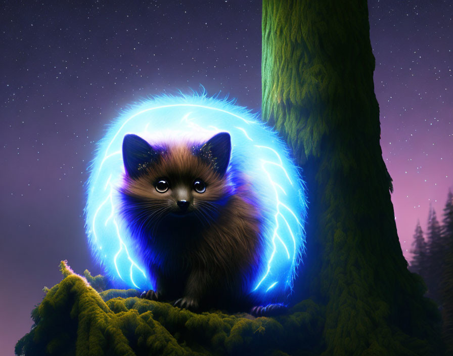 Fluffy Brown Cat with Blue Glow on Mossy Surface at Night