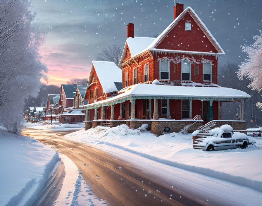 Victorian-style houses with Christmas lights on snowy evening, vintage car parked on road.