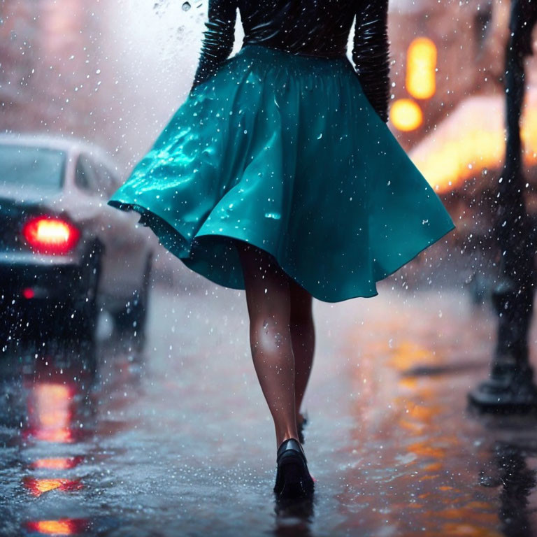 Person in Teal Skirt Walking on Wet Street with City Lights Reflections