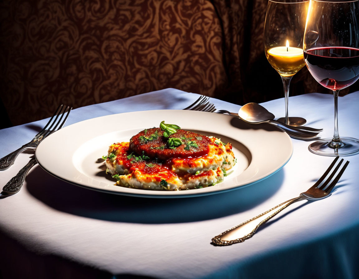 Gourmet Lasagna Plate with Basil and Wine Glasses on Elegant Table