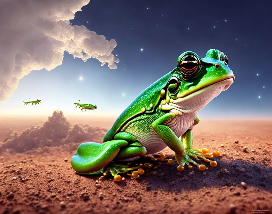 Vibrant Green Frog on Arid Ground with Reflective Eyes