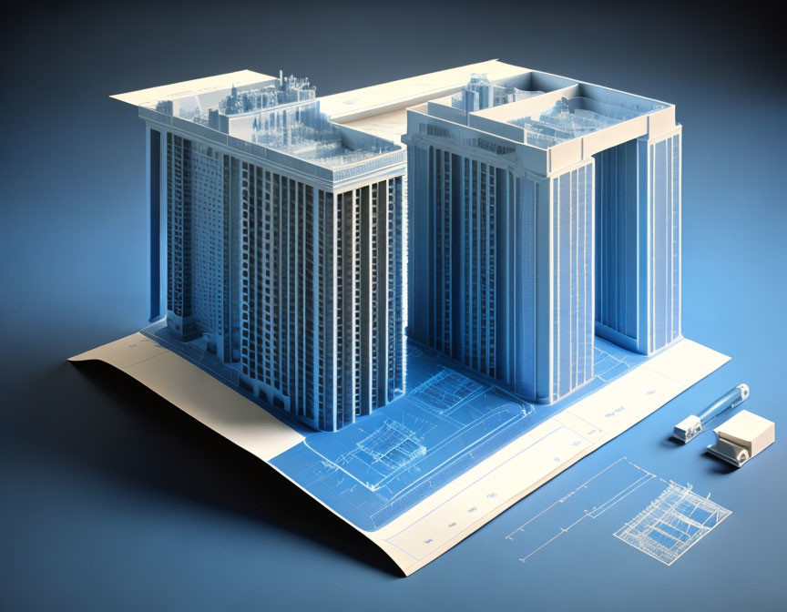 Modern 3D architectural blueprint of urban development with truck and physical plans on blue background