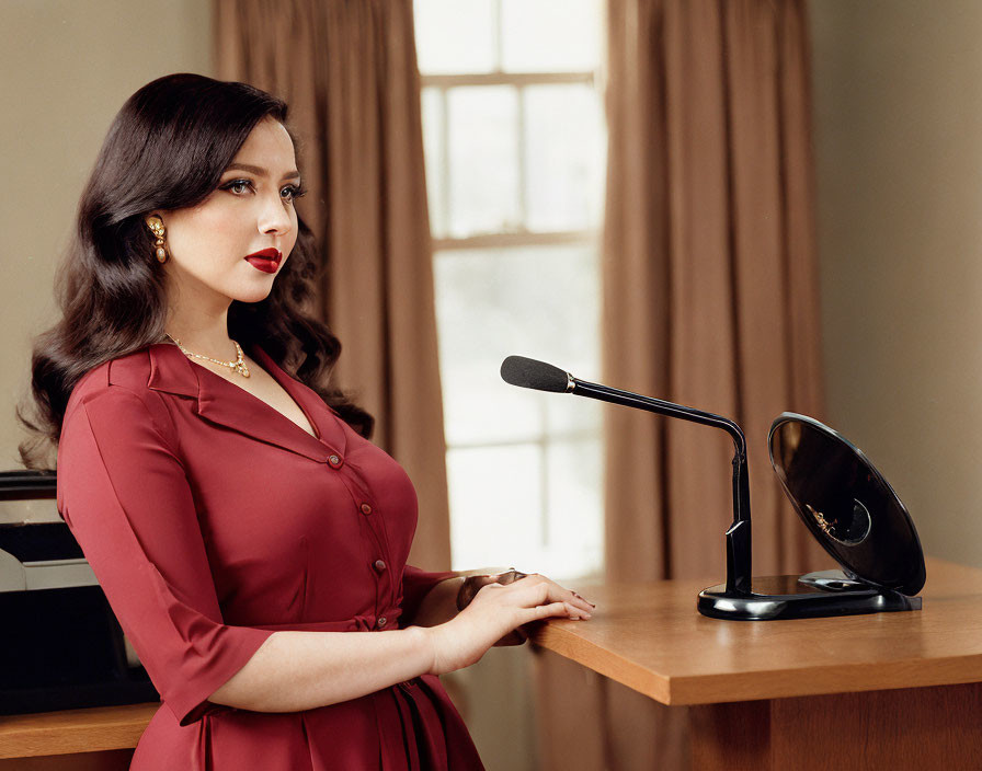 Vintage Red Dress Woman Stands by Microphone in Elegant Setting