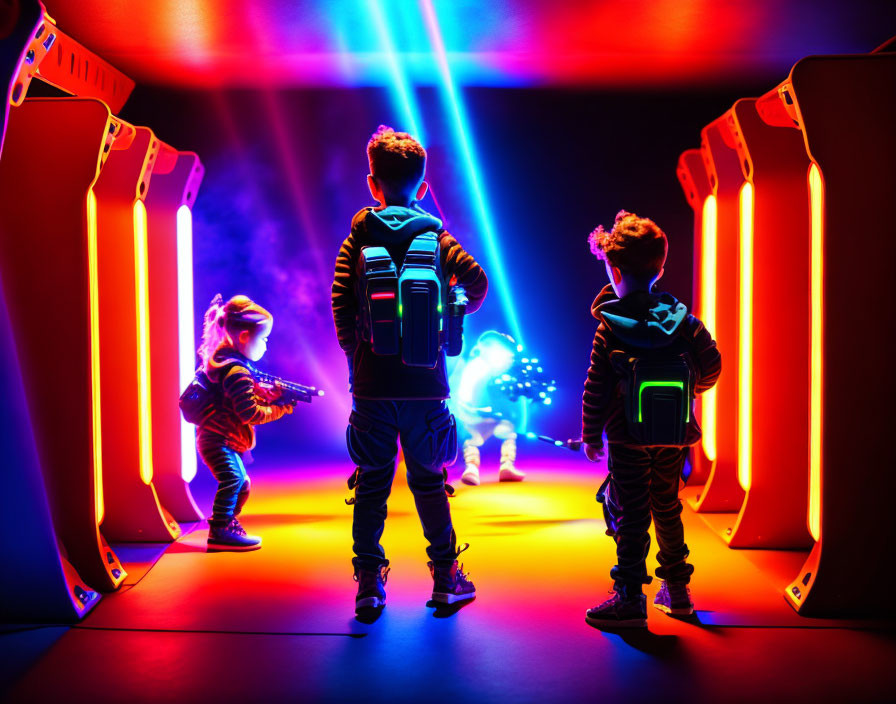 Children with laser guns at neon-lit laser tag arena entrance