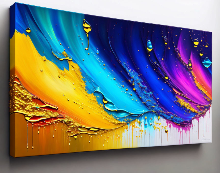 Vibrant abstract canvas art with blue, yellow, purple swirls