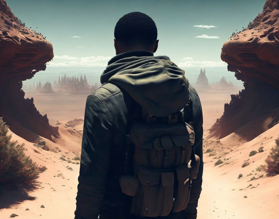 Person in leather jacket gazes at desert landscape with rock formations under hazy sky