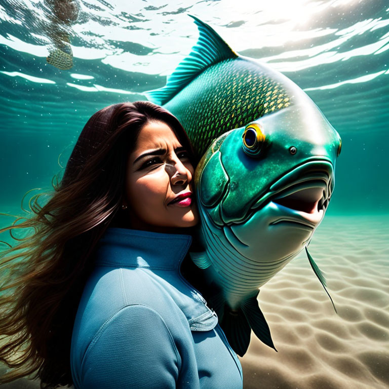 Underwater scene: woman in blue wetsuit near vibrant fish and sunbeams