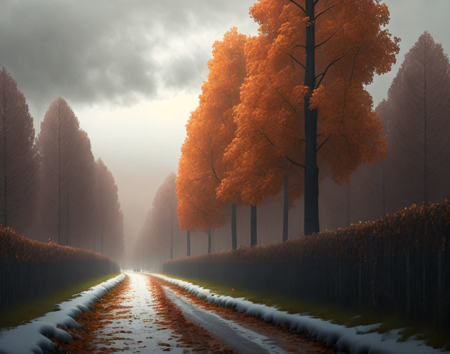 Autumnal landscape with mist, orange and bare trees, and serene sky.