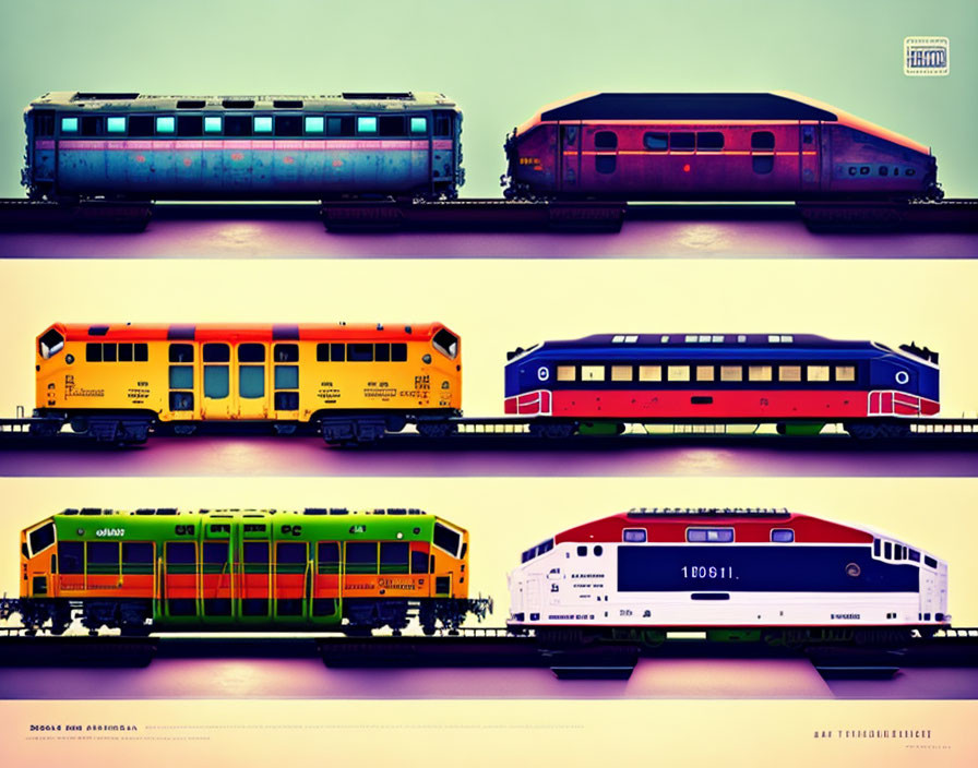 Four Vintage-Inspired Stylized Trains on Duotone Backgrounds