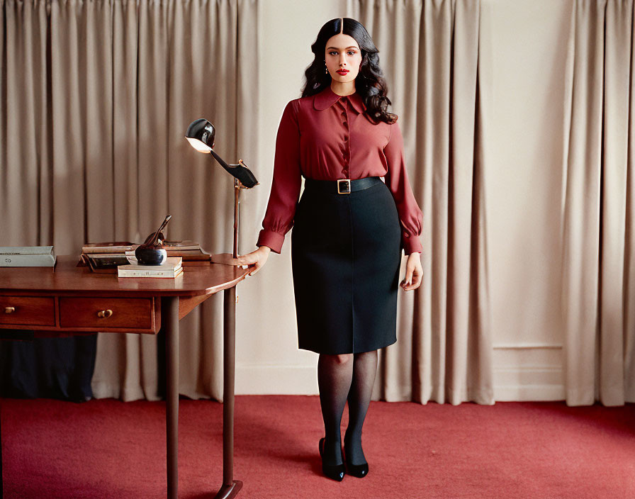 Woman in red blouse and dark skirt by wooden desk with lamp and curtain background.