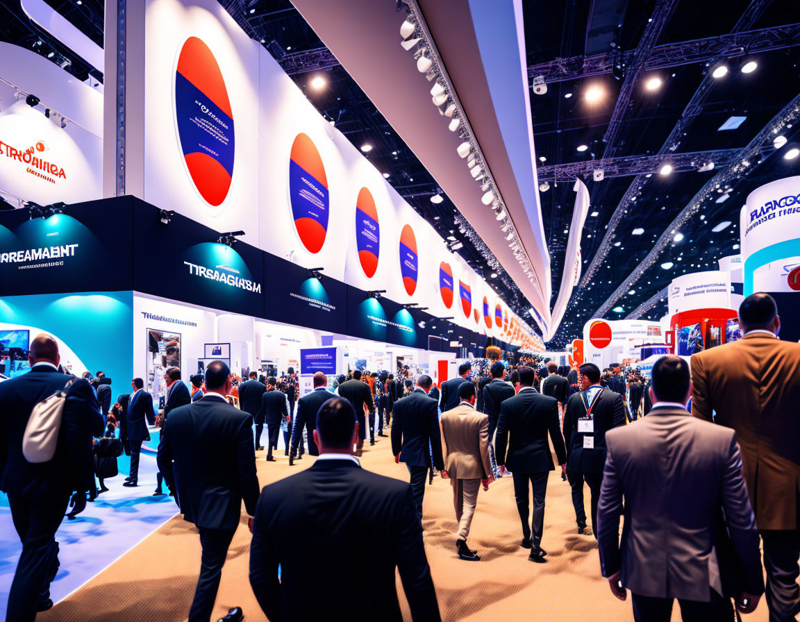 Vibrant trade show floor with walking attendees and colorful banners