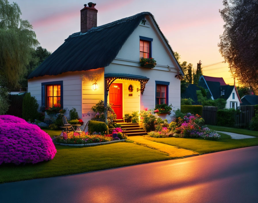 Suburban house at dusk with red door, illuminated windows & colorful sky