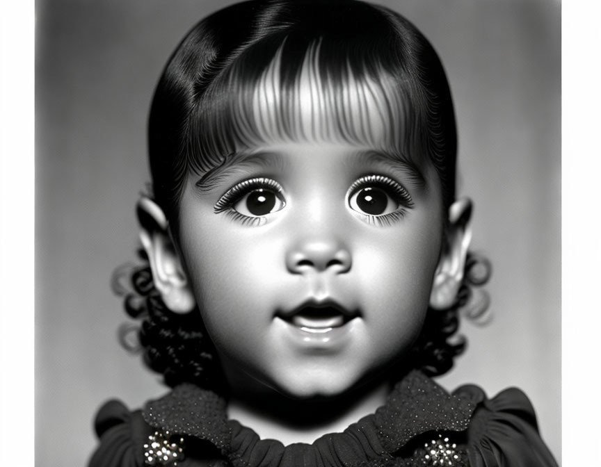 Monochrome photograph of young child with exaggerated eyes