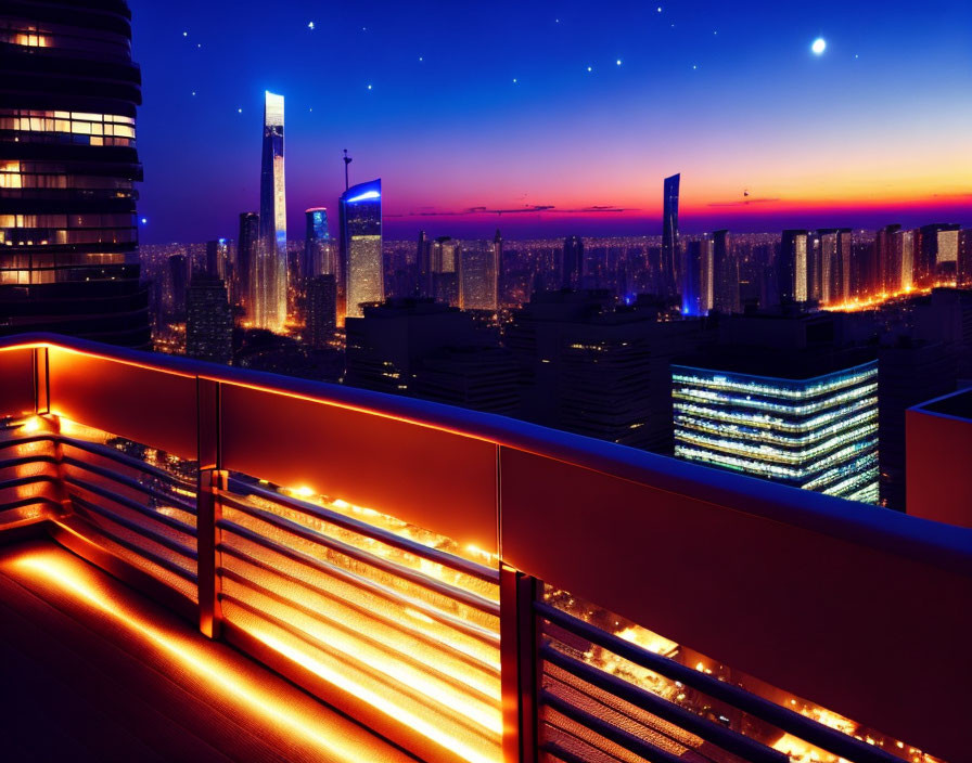 Twilight cityscape from high-rise balcony with glowing handrails, skyscrapers against sunset sky.