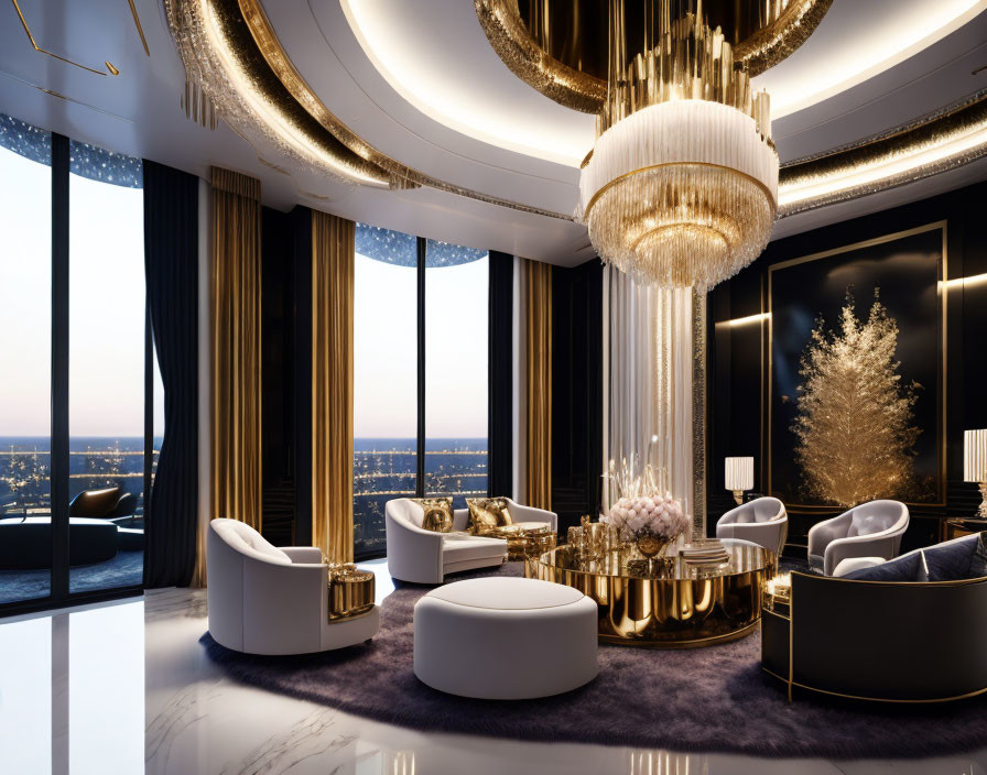 Opulent Interior with Golden Accents and Cascading Chandelier