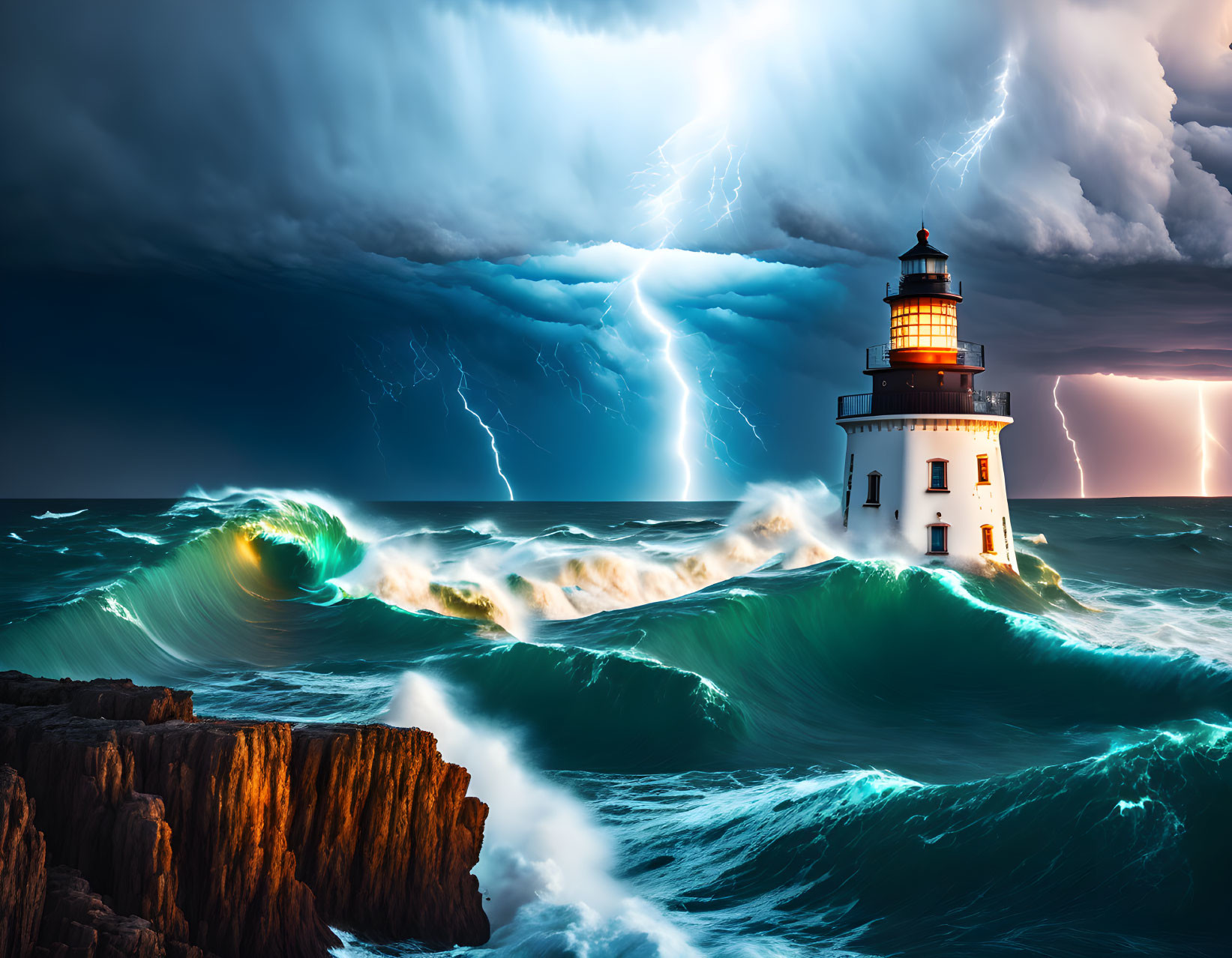 Stormy seas with lightning strikes near lighthouse