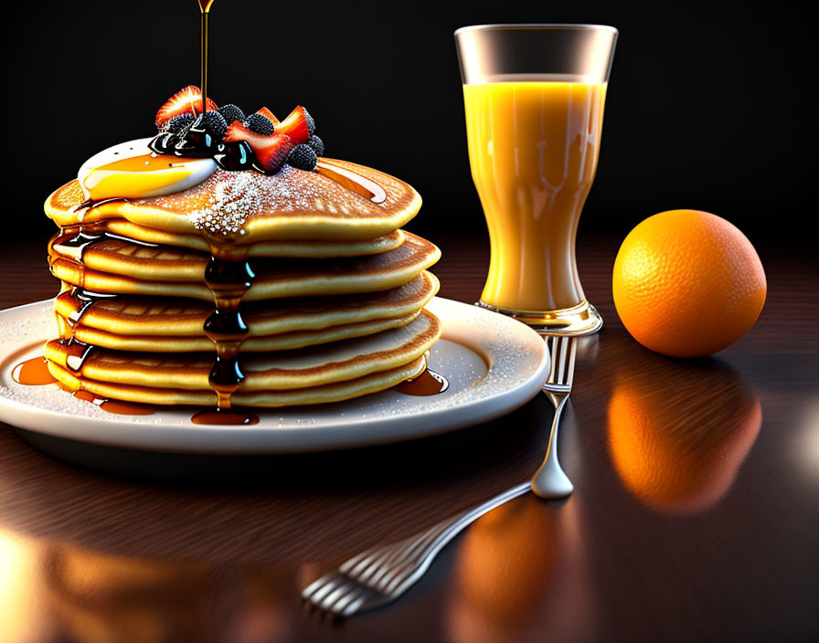 Pancakes with Berries, Syrup, Orange Juice, and Orange on Dark Wooden Table