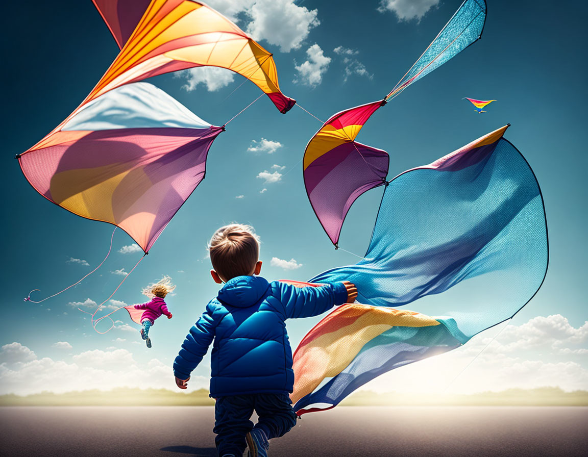 Young boy in blue jacket watches colorful kites against bright sky