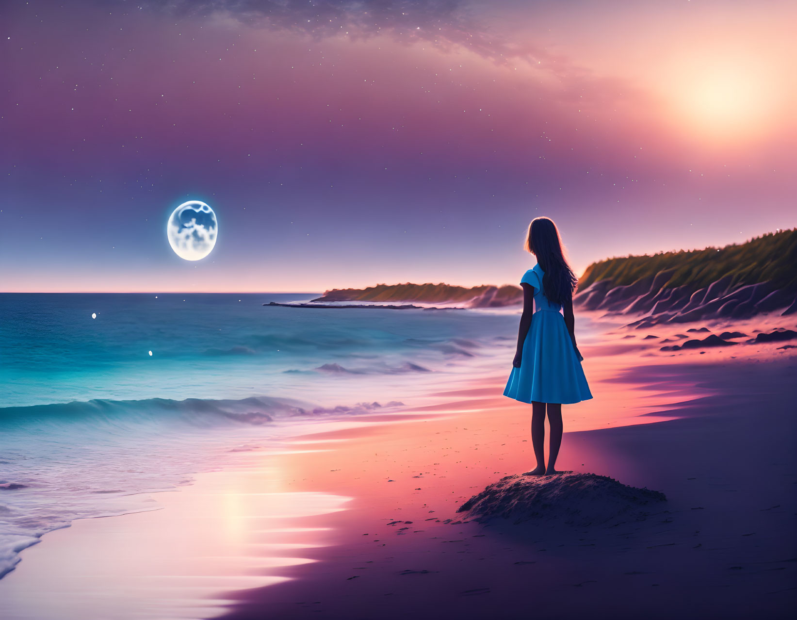 Woman in blue dress gazes at moon on beach at twilight