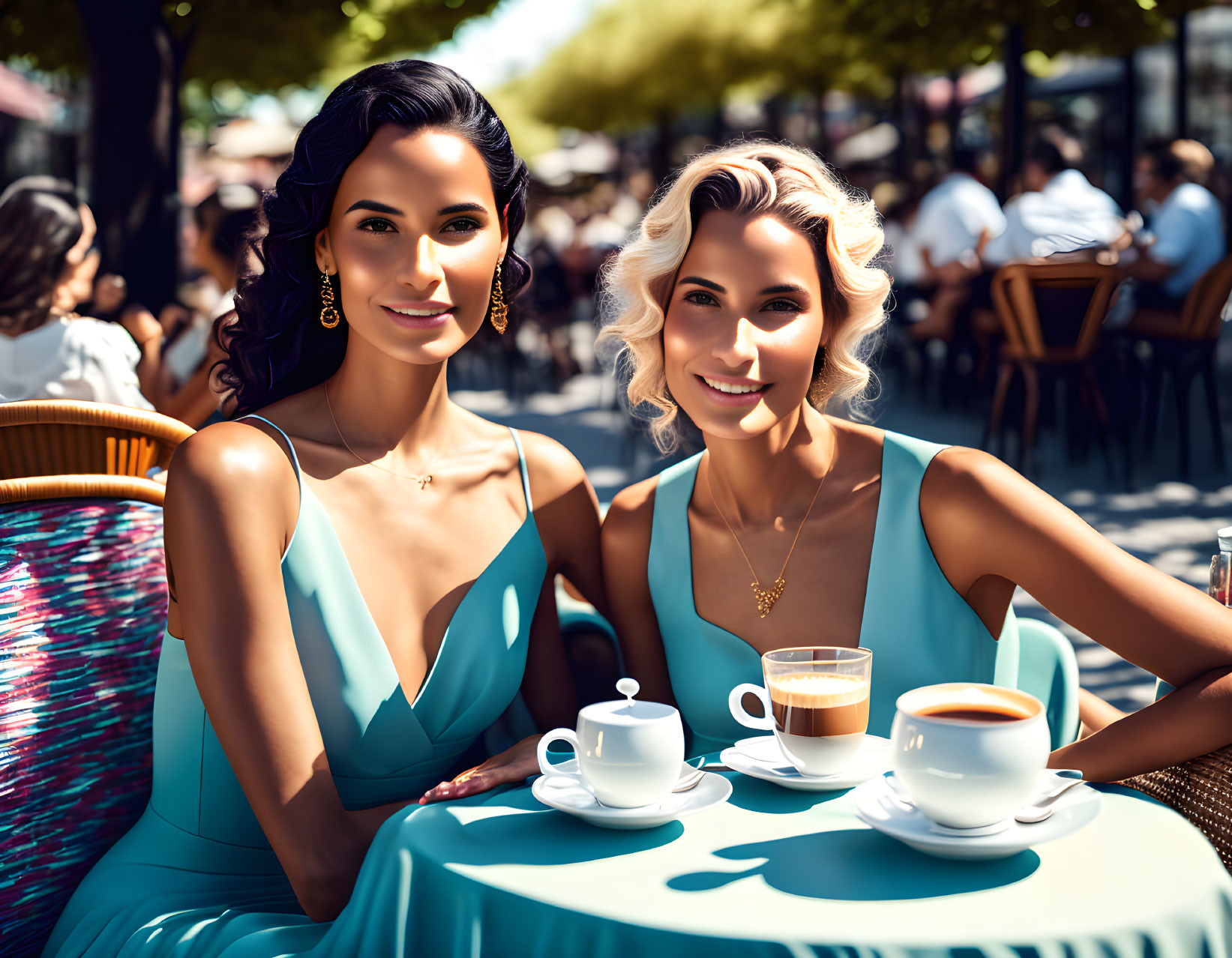 Two women in elegant dresses at cafe table with coffee cups