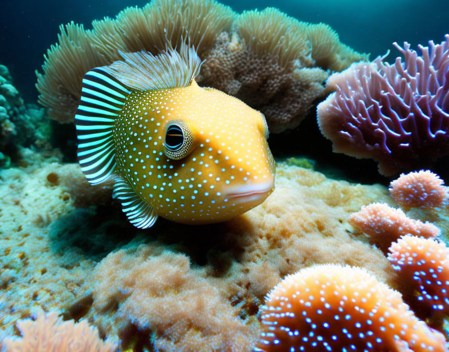 Colorful Yellow and White Pufferfish Among Coral Reefs