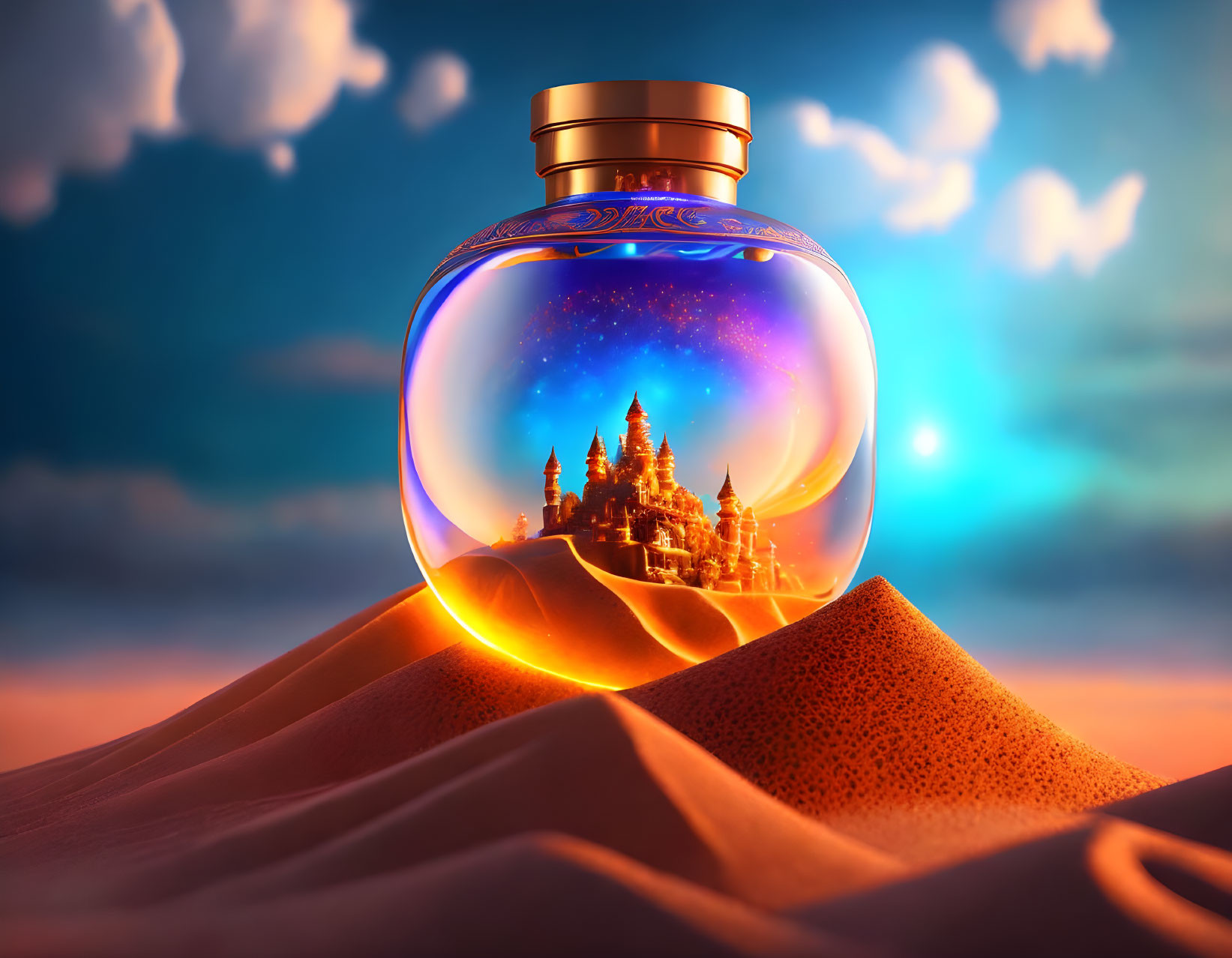 Mystical potion bottle with enchanted castle in sandy dunes