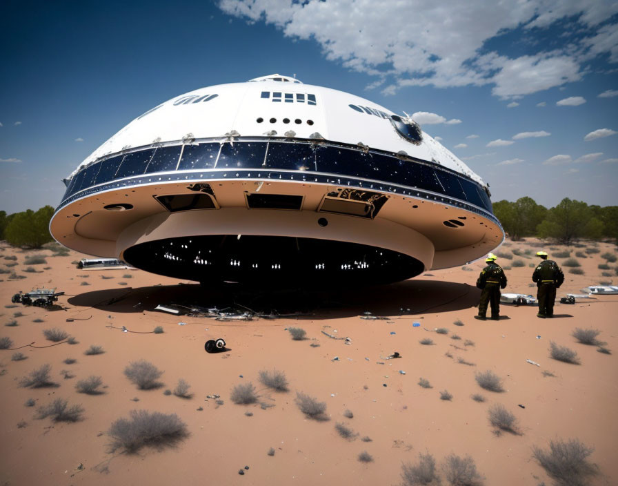 Capsule-shaped spacecraft lands in desert with personnel in protective gear.