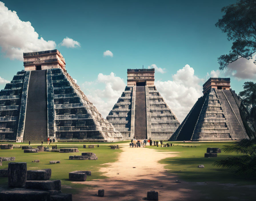 Mesoamerican Step Pyramids with Visitors and Greenery