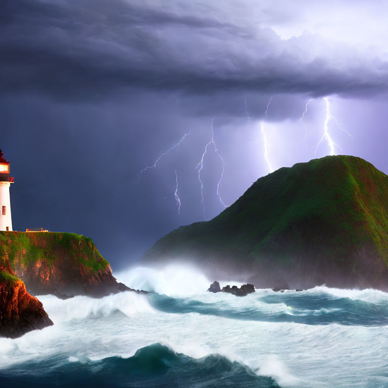 Stormy sky lighthouse overlooking turbulent sea waves lightning strikes.