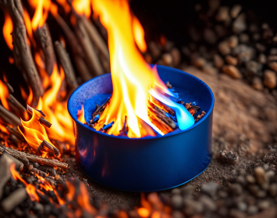 Blue camping stove with orange flame, twigs, and coffee beans on rustic surface