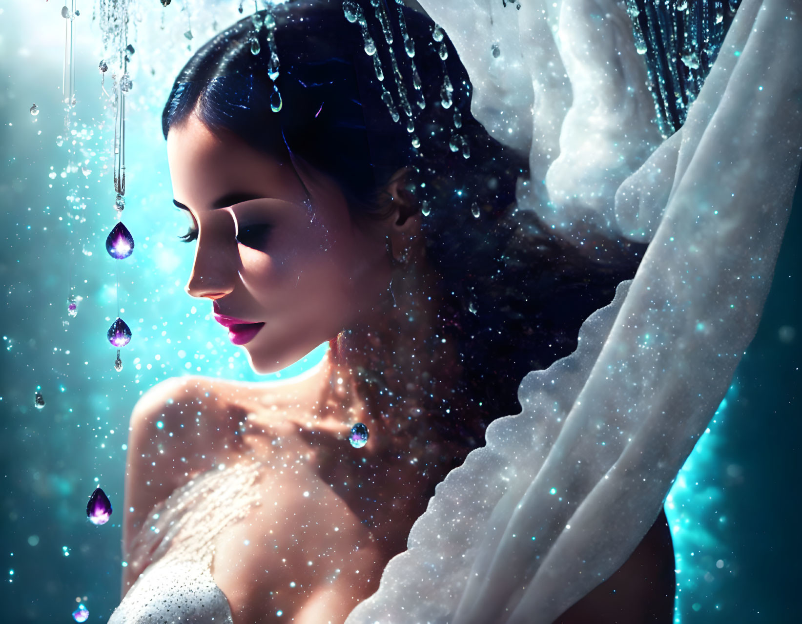 Ethereal woman with wings in mystical setting