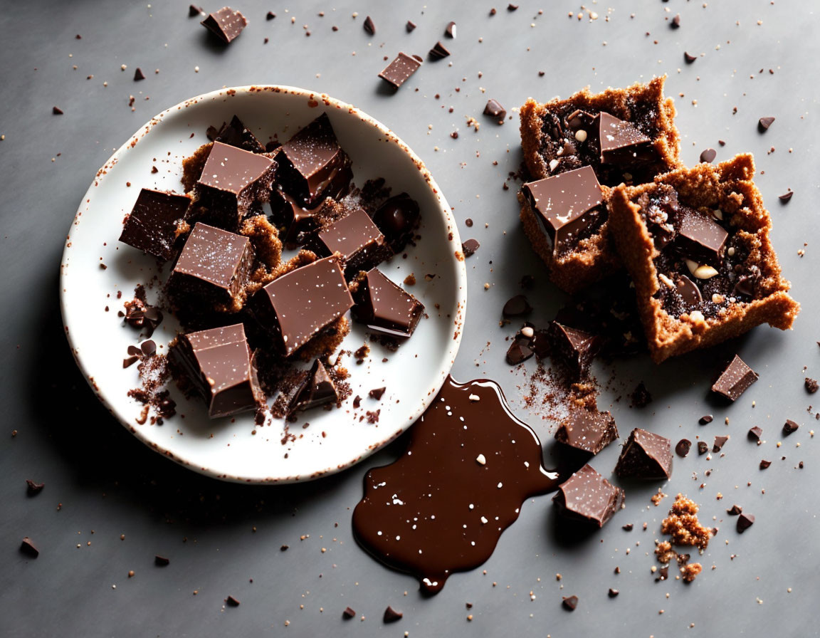 Chocolate pieces, tart with a bite, sauce, and crumbs on dark plate