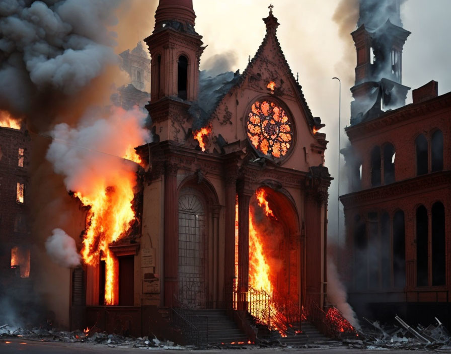 Church Engulfed in Flames with Thick Smoke and Burning Buildings