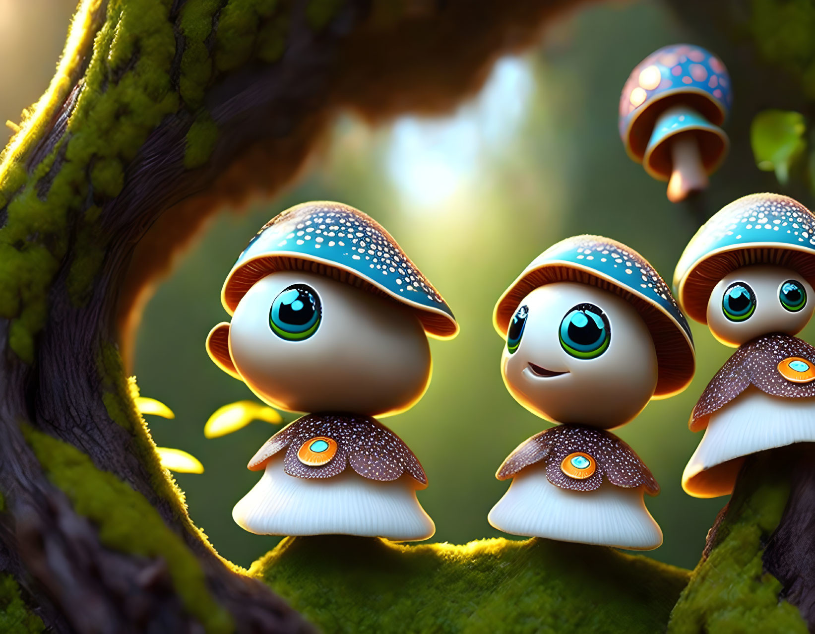 Adorable animated mushroom characters in enchanting forest setting