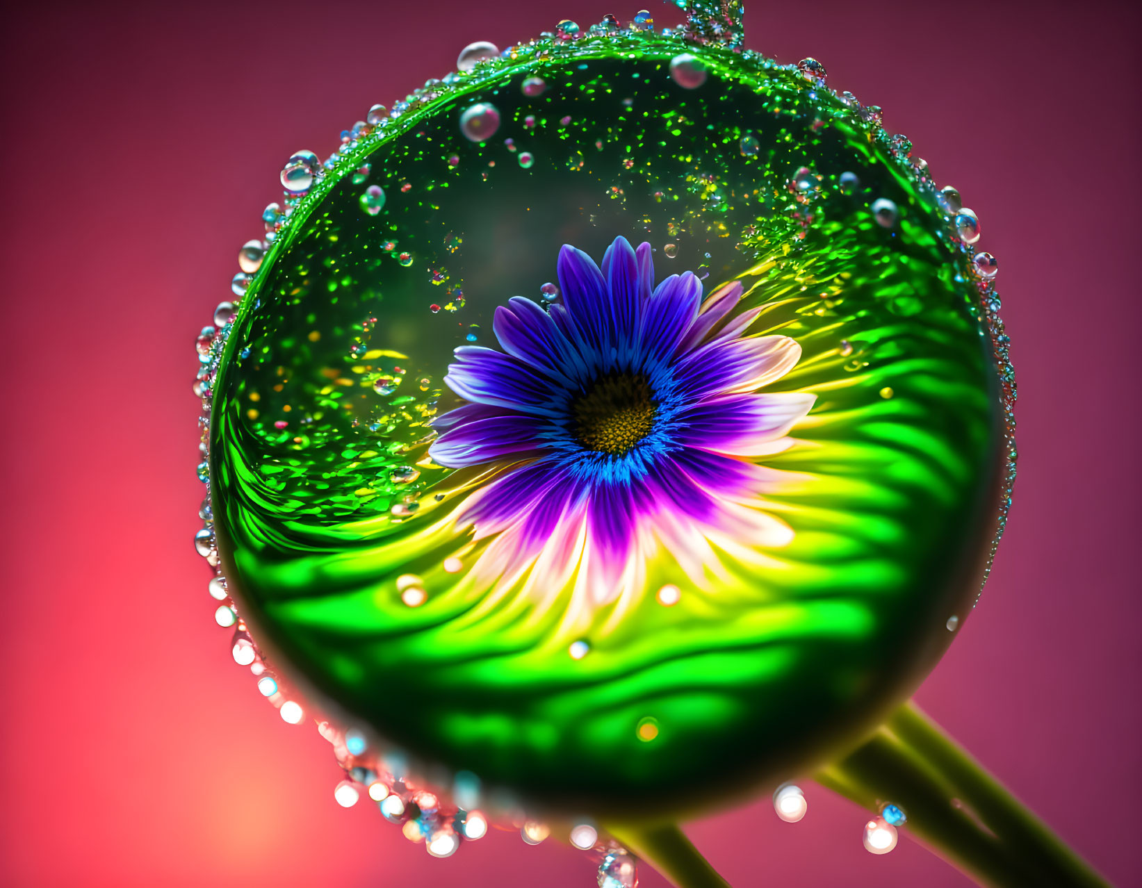 Colorful flower reflected in water droplet on pink surface