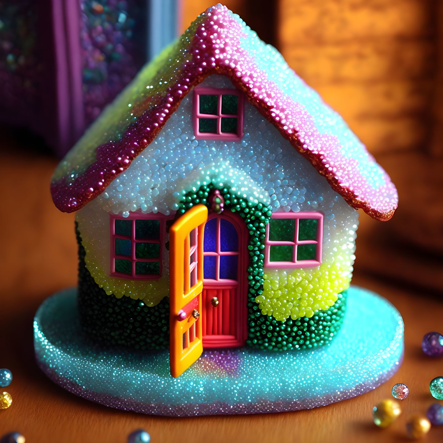 Colorful Miniature House with Beads and Glitter: Pink Roof, Green Walls, Yellow Door