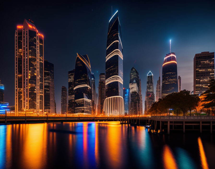 Nighttime cityscape with illuminated skyscrapers and river reflections.