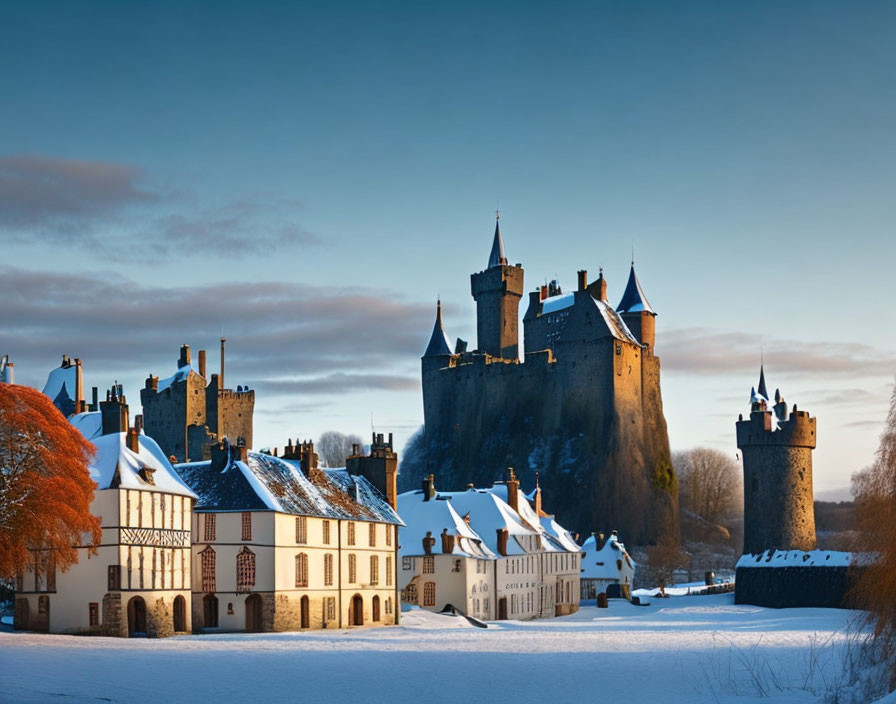 Majestic castle towers over snow-covered village at dusk