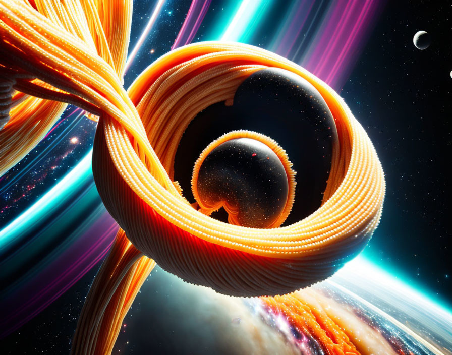 Abstract cosmic digital art: swirling orange structures, black void, colorful stars